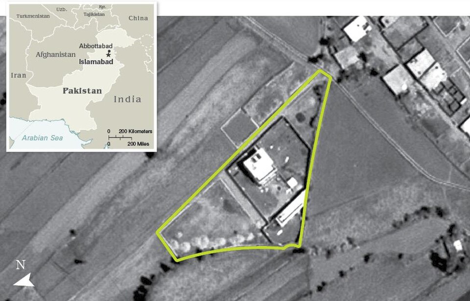 An aerial view of a walled compound in Abbottabad.